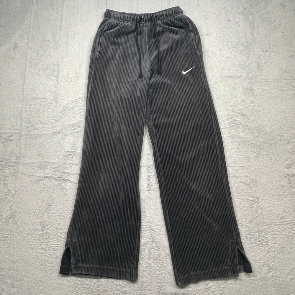 Nike Corduroy Ribbed Wide Leg Pant Women XS Dark Grey Velour Sportswear Slit Hem